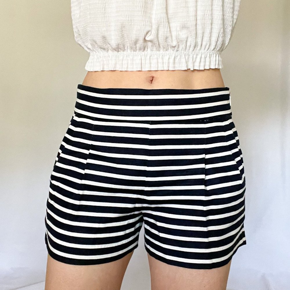 J.Crew High Waisted Navy White Striped Fitted Pleated Dress Shorts